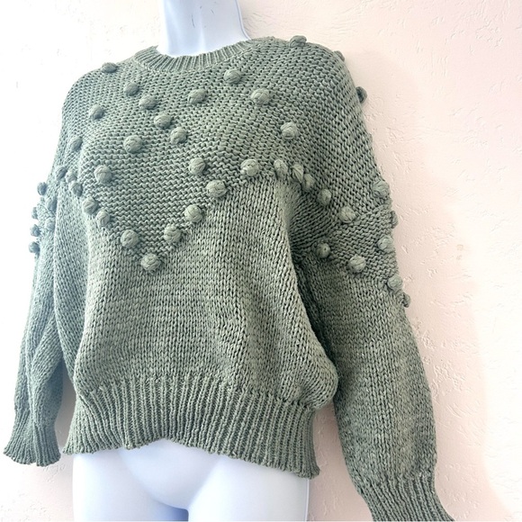 Chicwish Pom-Pom Textured Trim Chunky Knit Sweater in Sage Green Size S/M - Picture 5 of 10